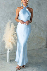 Satin Fashion Halter Backless Slim Elegant Maxi Dress