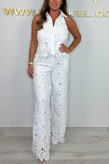 Delighted Embroidery Floral Hollow Lace Shirt-neck Vest and Wide Leg Pants Set