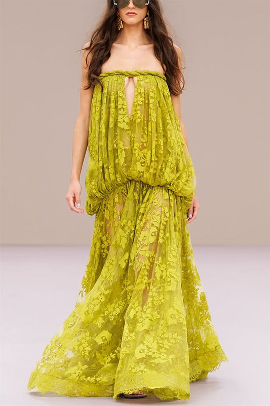 Romantic Era Sheer Floral Lace Off Shoulder Braid Cutout Detail Drape Maxi Dress