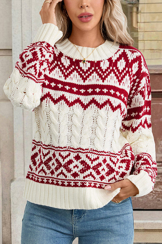 Christmas Ethnic Style Round Neck Long Sleeve Loose Cable Knit Sweater