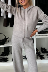 Solid Color Loose Hooded Tie Sweatshirt and Elastic Waist Casual Straight Pants Set