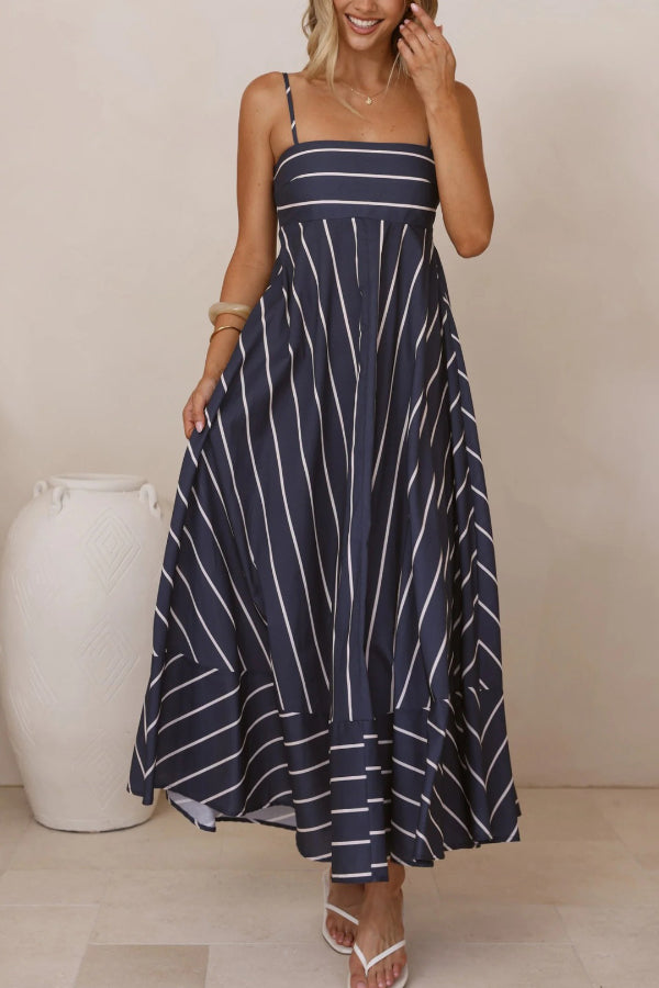 Striped Print Square Neck Spaghetti Strap High Waist Casual Maxi Dress