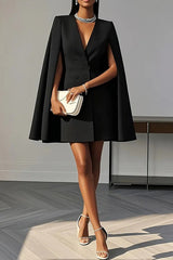 Solid Color V-Neck Double Breasted Cape Formal Mini Dress