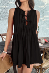 Solid Color Sleeveless Tie Pleated Casual Mini Dress