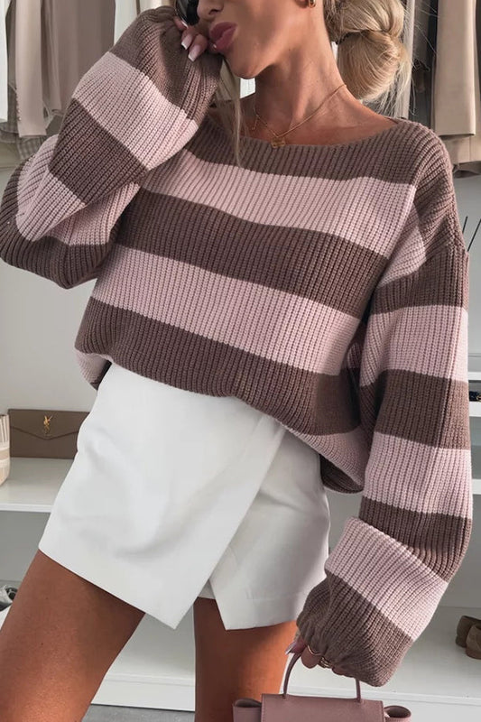 Fashion Striped Loose Long-sleeved Crew Neck Knitted Sweater