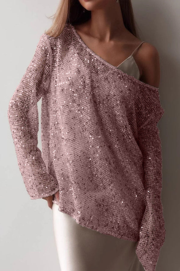 Fashionable Sequined Cutout Casual Long-sleeved Loose Cover-up Top