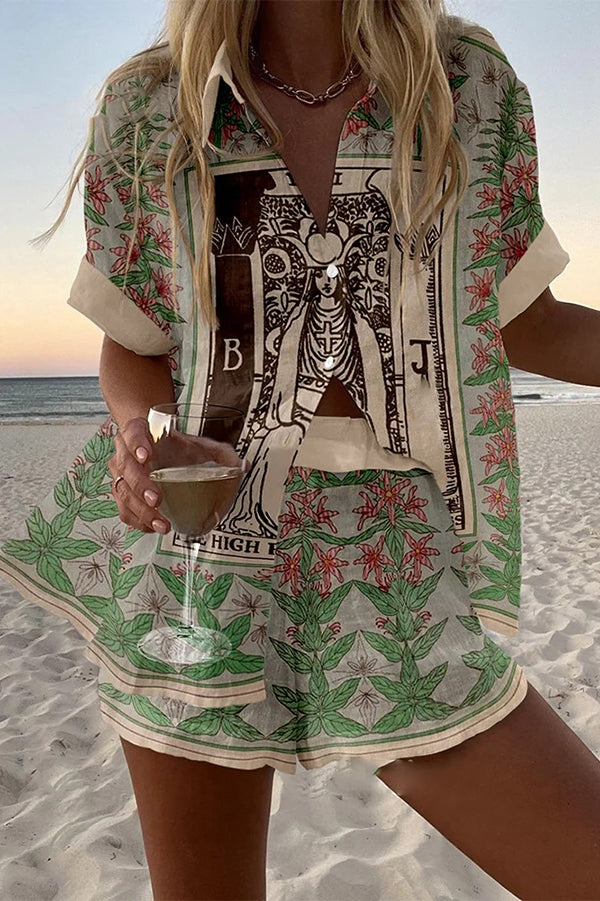 Tarot Print Loose Button Elastic Waist Shorts Set