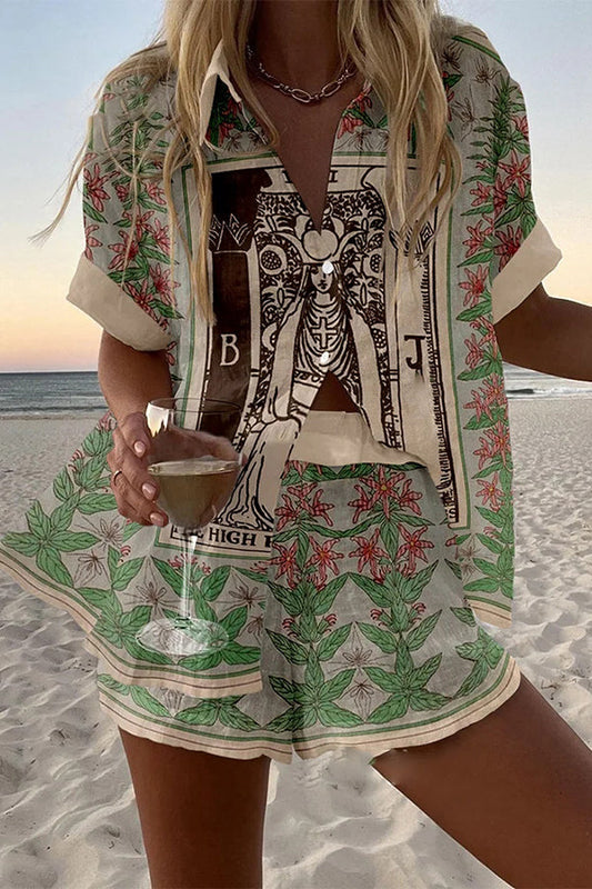 Tarot Print Loose Button Elastic Waist Shorts Set