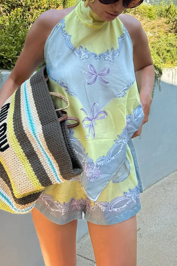 Amalfi Coast Satin Unique Print Scarf Top and Elastic Waist Pocket Loose Shorts Set