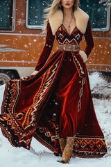 Unique Printed Velvet Fur Collar Long Sleeve Elegant Maxi Dress