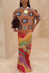 Mediterranean Art Knit Unique Sun Vortex Print Long Sleeve Relaxed Sweater