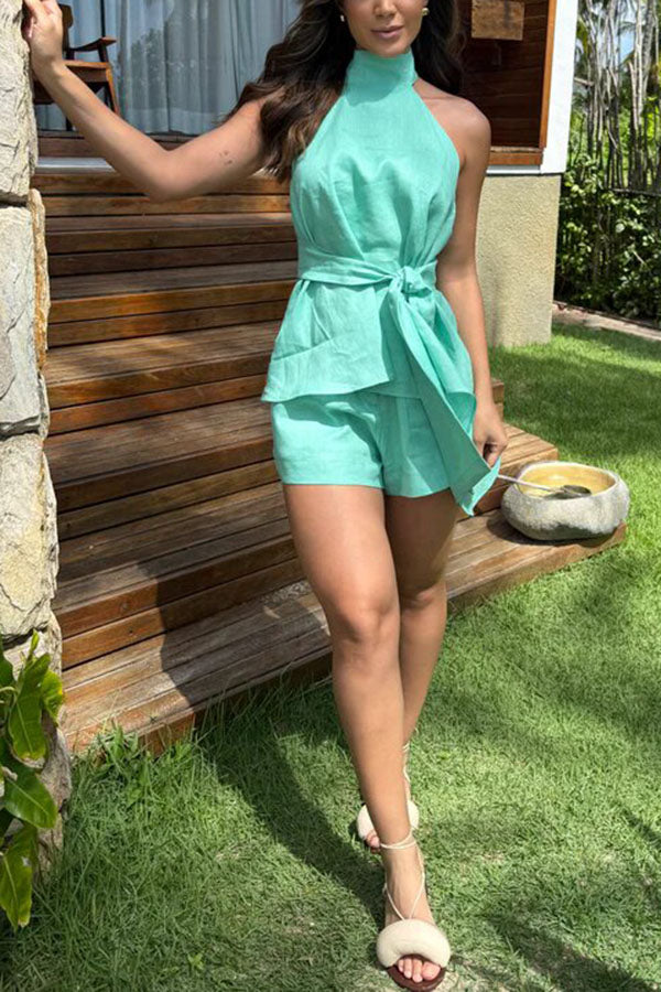 Sira Linen Blend Tie-up Halter Backless Tank and Elastic Waist Pocket Loose Shorts Set