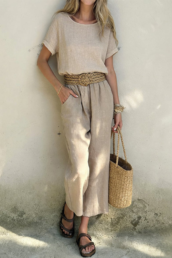 Linen Blend Crew Neck Short-sleeved Top and Elastic Waist Casual Pocket Pants Set