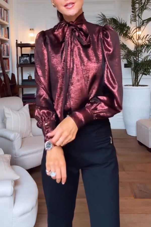 Ariella Metallic Satin Fabric Tie-up Bow Neck Long Sleeve Blouse