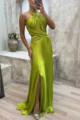 Stay Sophisticated Pleated Cross Neck Cutout Slit Evening Maxi Dress