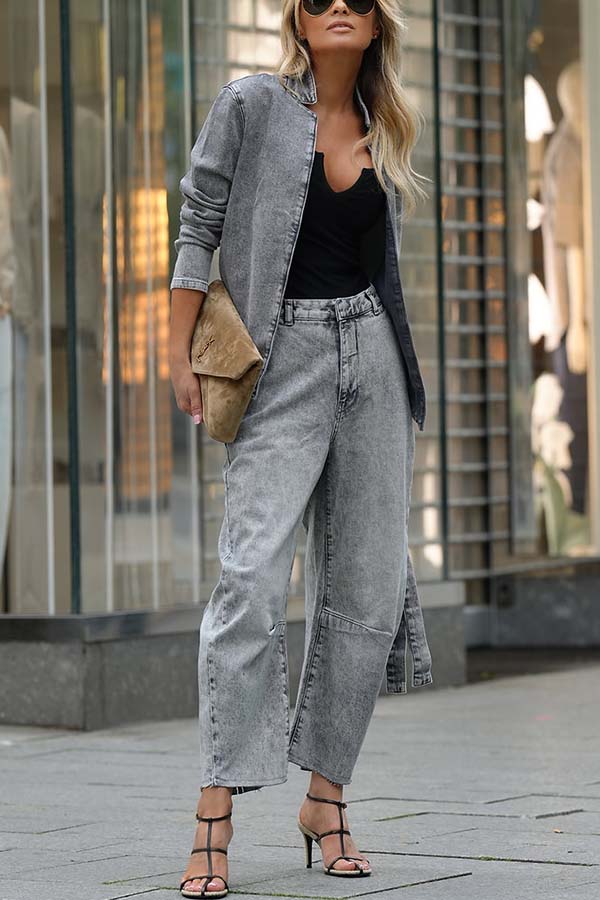 Casual Meetup Washed Denim Mid Rise Pocketed Barrel Jeans