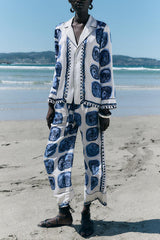 Unique Print Lapel Long Sleeve Shirt and Elastic Waist Wide Leg Pants Set