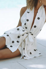 Gabby Linen Blend Polka Dot Tie-up Lapel Halter Vest and Metal Ring Belt Loose Shorts Set