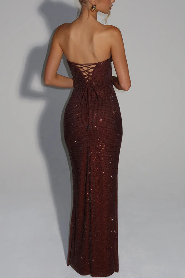 Mirabella Sequin Pleated Cowl Scooped Neckline Back Lace-up Strapless Maxi Dress