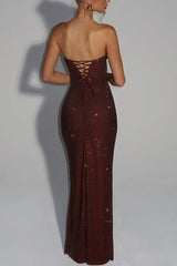 Mirabella Sequin Pleated Cowl Scooped Neckline Back Lace-up Strapless Maxi Dress
