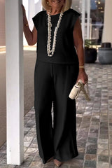 Solid Color Crew Neck Sleeveless Top and Pocket Straight Leg Pants Set