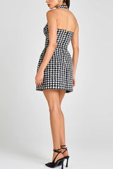 Mila Check Bouclé-tweed Fabric Halter Sweetheart Neck Gold Button Pocketed Mini Dress