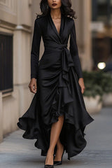 Solid Color Satin V-neck Long-sleeved Elegant Ruffled Maxi Dress