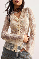 Fashion Lace Long Sleeve Casual Slim See-Through Shirt