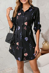 Floral Print Lapel Long Sleeve Button-Down Shirt Mini Dress