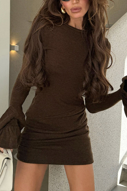Solid Color Round Neck Bell Sleeve Slim Knit Mini Dress