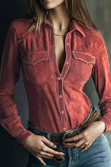 Stylish Suede Long-sleeved Button-down Casual Shirt
