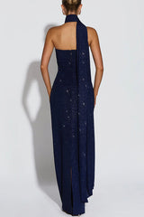 Pandra Glittery Crepe Fabric Off Shoulder Ruched Slit Cape Maxi Dress