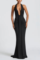 Solid Color Elegant Halterneck V-neck Open Back Tie Gathered Maxi Dress