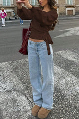 Solid Color Crossover V-neck Tie Elegant Long-sleeved Knit Top