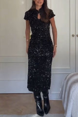 Cheongsam Style Velvet Sequin Stand Neck Short Sleeve Slit Midi Dress