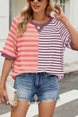 Striped Color Block Print Crew Neck Short Sleeve Loose Top