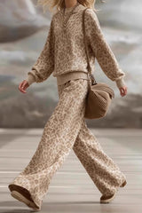 Leopard Print Loose Long-sleeved Top and Casual Pocket Strght-leg Pants Set