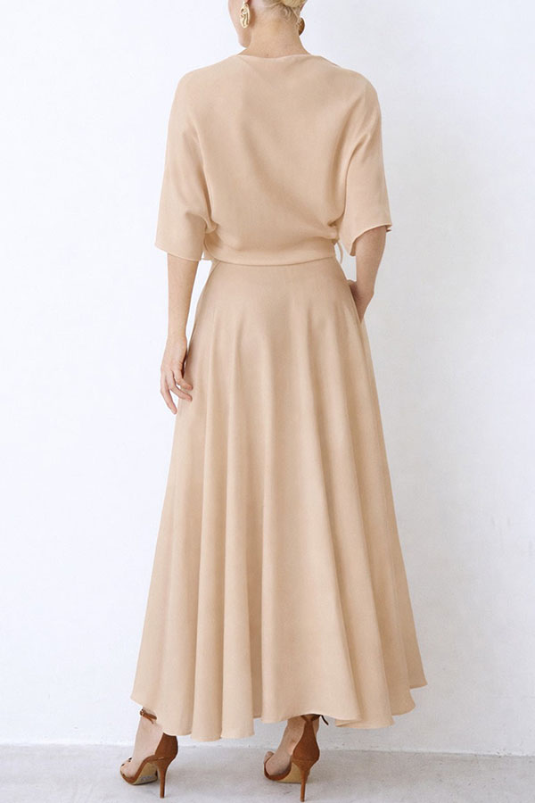 Modern and Elegant Satin Half Wide Sleeve Wrap Style Pocket Slit Loose Maxi Dress