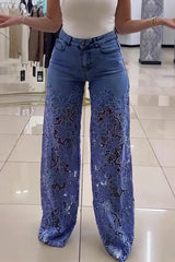 Fashion Hollow Lace Stitching Casual Pocket Denim Wide-leg Pants