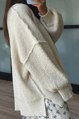Solid Color Loose Long-sleeved Round Neck Knitted Split Sweater