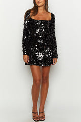 Bring The Disco Large Sequins Square Neck Long Bell Sleeve Backless Slit Mini Dress
