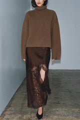 Cozy Sweet Darling Satin Lace Patchwork Mid Rise Slit Maxi Skirt