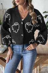 Halloween Ghost Pattern Casual Button-Down Knit Sweater