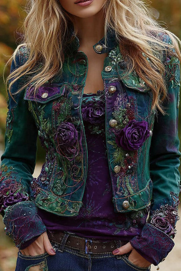 Unique Printed Lapel Long-sleeved Personalized Denim Jacket