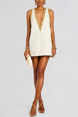 Cocktail Charm Sequin Colorblock Trim V-neck Sleeveless A-line Mini Dress