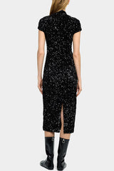 Cheongsam Style Velvet Sequin Stand Neck Short Sleeve Slit Midi Dress