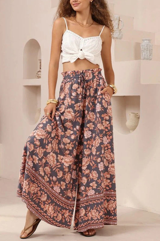 Floral Print Casual Elastic Waist Pocket Loose Wide-leg Pants