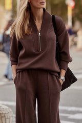 Meet The Autumn Ribbed Zipper Neck Sweatshirt and Elastic Waist Pocketed Loose Pants Set