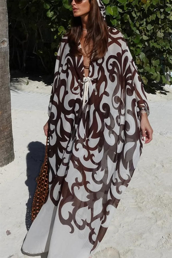 Summer Day Unique Print Rope Knotted Batwing Sleeve Oversized Cover-up Dress