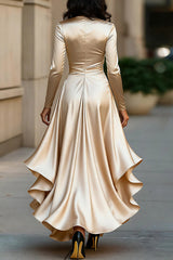 Solid Color Satin V-neck Long-sleeved Elegant Ruffled Maxi Dress